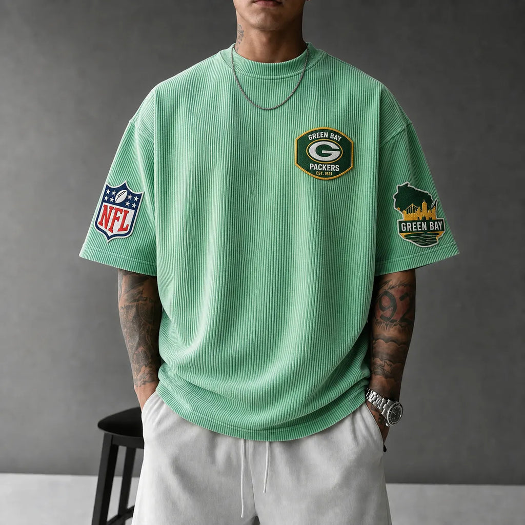 Unisex Loose-Fit Vertical-Stripe Short-Sleeve T-Shirt With Rugby Print