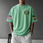 Unisex Loose-Fit Vertical-Stripe Short-Sleeve T-Shirt With Rugby Print