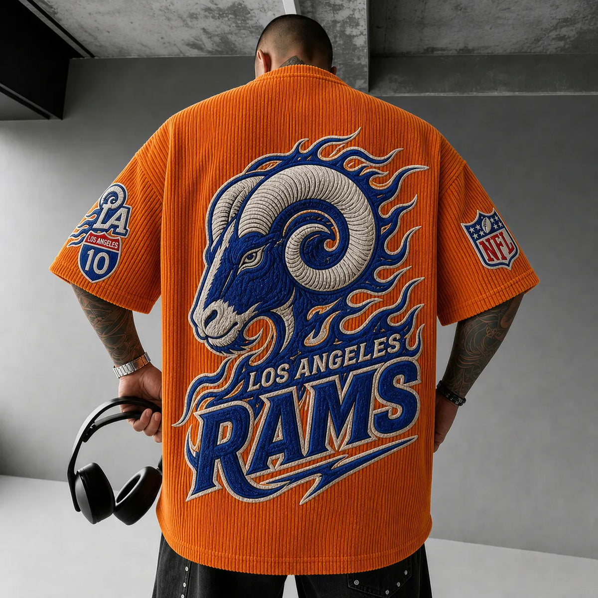 Unisex Loose-Fit Vertical-Stripe Short-Sleeve T-Shirt With Rugby Print