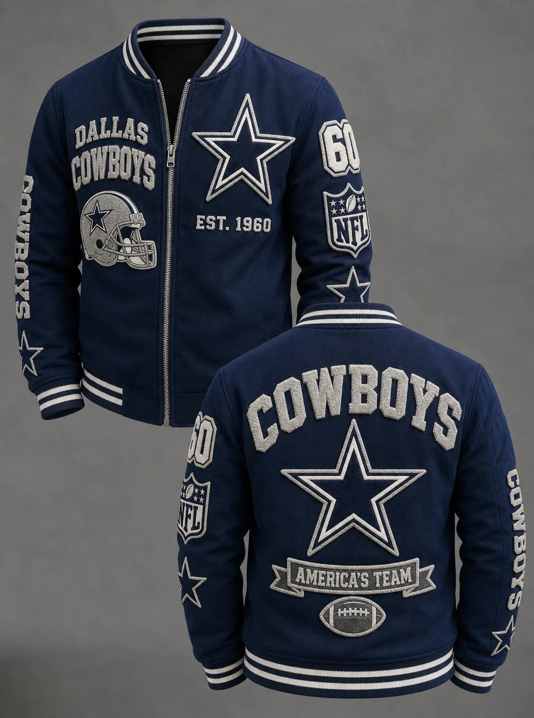 Football‐Inspired Graphic Zip‐Up Varsity Jacket