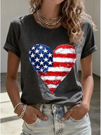 Women's American Flag Heart Patriotic Casual T-Shirt