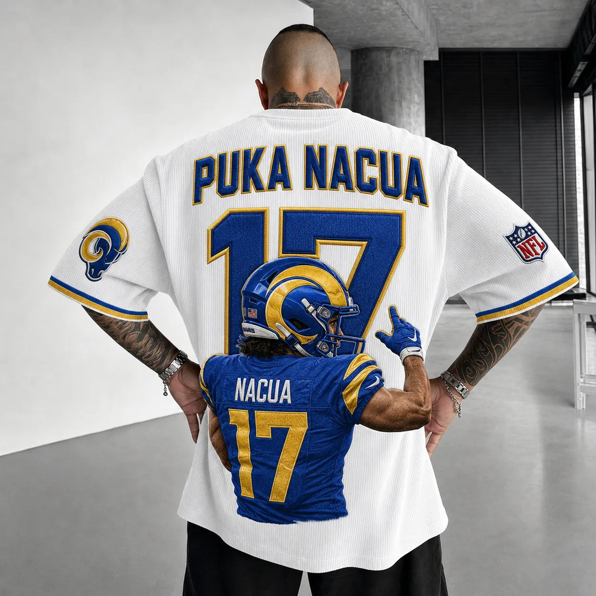 Unisex Loose-Fit Vertical-Stripe Short-Sleeve T-Shirt With Rugby Print