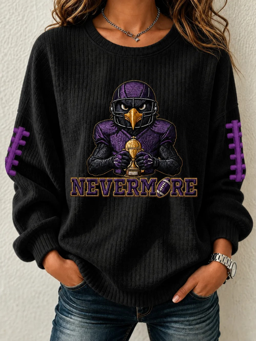 Women'S Football Fan Waffle Long Sleeved Round Neck Sweatshirt