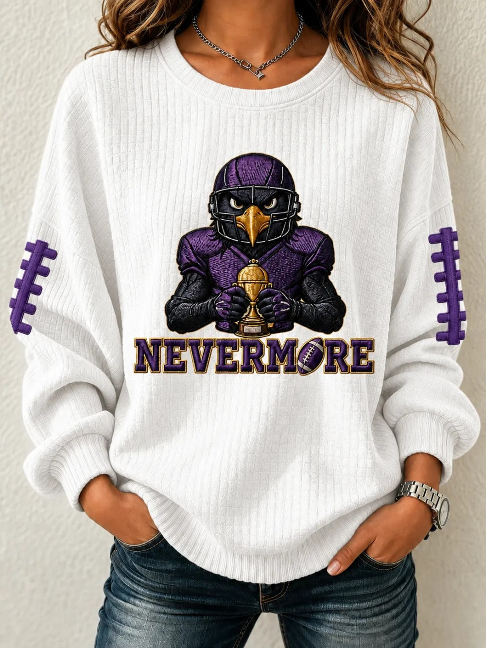 Women'S Football Fan Waffle Long Sleeved Round Neck Sweatshirt