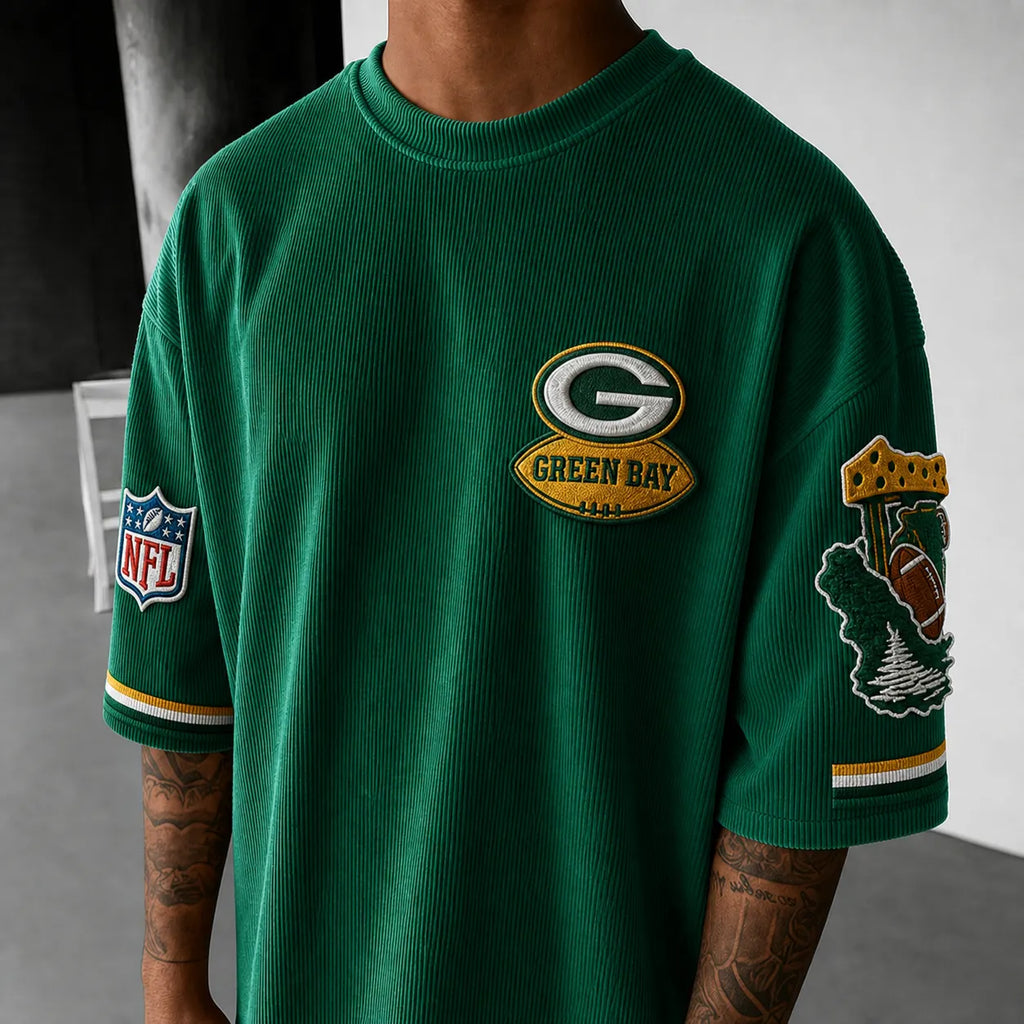 Unisex Loose-Fit Vertical-Stripe Short-Sleeve T-Shirt With Rugby Print