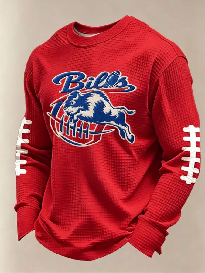 Men'S Buffalo Print Football Fans Gameday Casual Waffle Long Sleeve T-Shirt