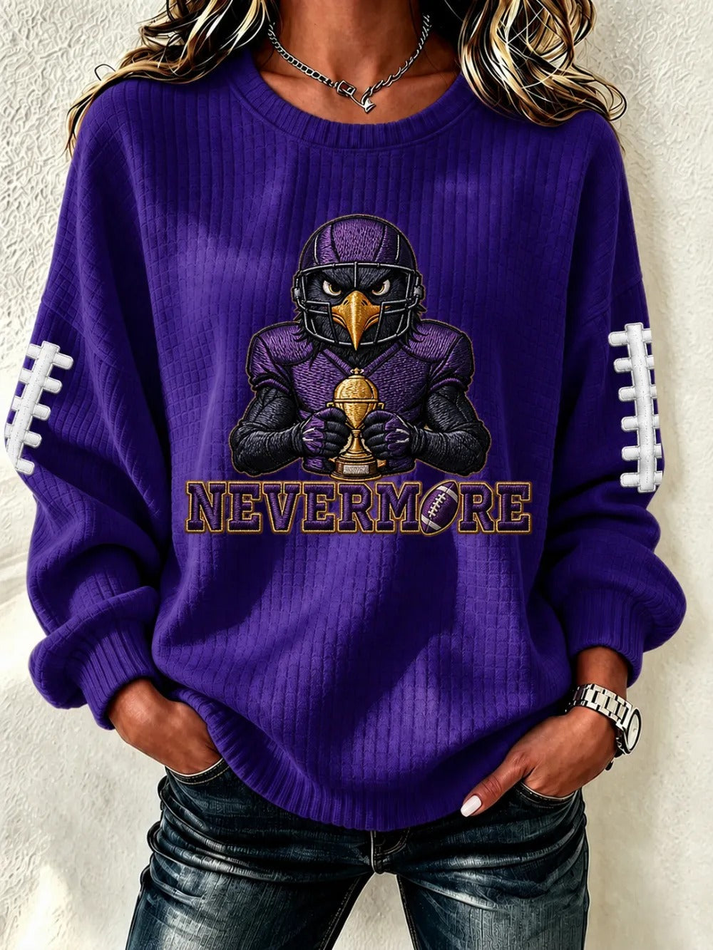 Women'S Football Fan Waffle Long Sleeved Round Neck Sweatshirt