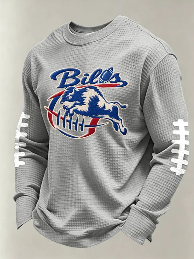 Men'S Buffalo Print Football Fans Gameday Casual Waffle Long Sleeve T-Shirt