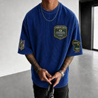 Unisex Loose-Fit Vertical-Stripe Short-Sleeve T-Shirt With Rugby Print