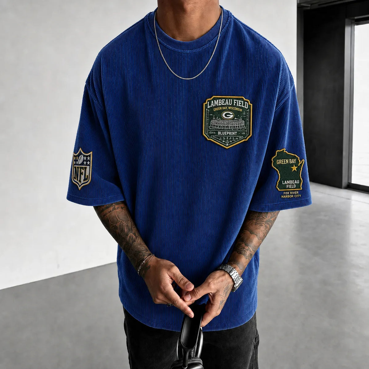 Unisex Loose-Fit Vertical-Stripe Short-Sleeve T-Shirt With Rugby Print