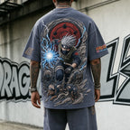 Unisex Oversized Anime-Print Vertical-Stripe Short-Sleeve T-Shirt