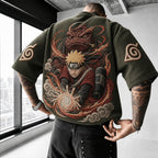 Unisex Oversized Anime-Print Vertical-Stripe Short-Sleeve T-Shirt
