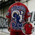 Unisex Loose-Fit Vertical-Stripe Short-Sleeve T-Shirt With Rugby Print