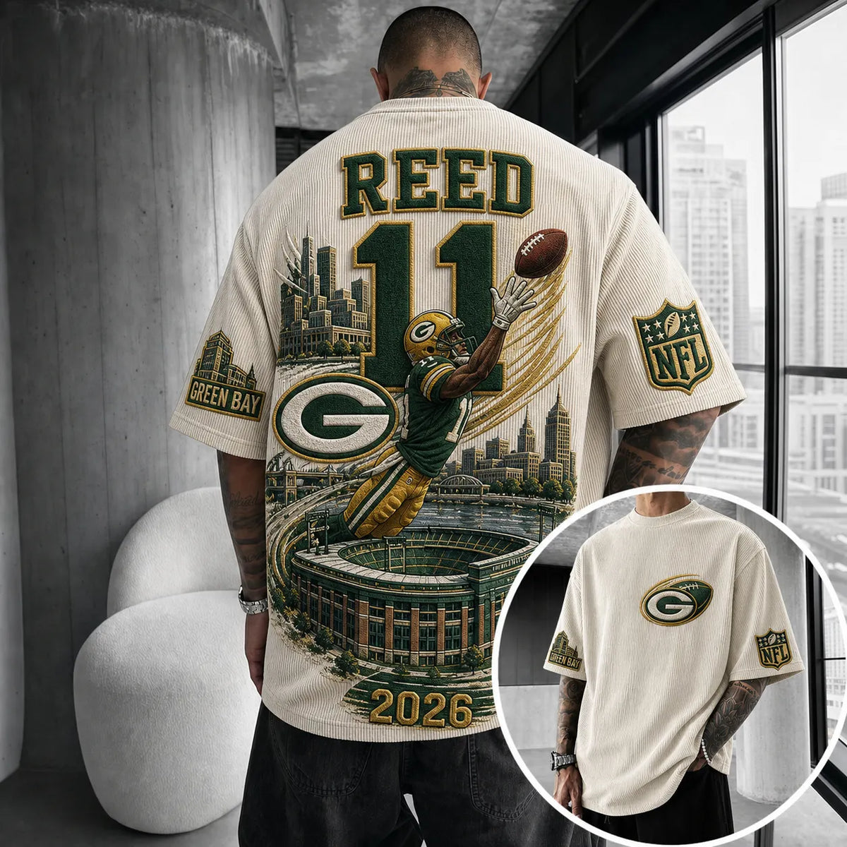 Unisex Loose-Fit Vertical-Stripe Short-Sleeve T-Shirt With Rugby Print