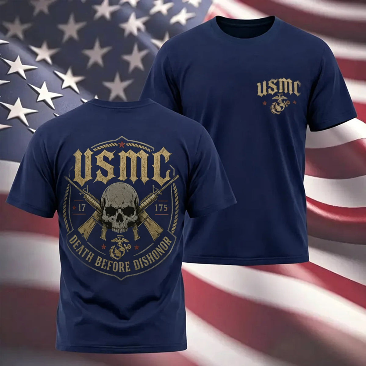 USMC 1775 Skull Print Cotton T-Shirt