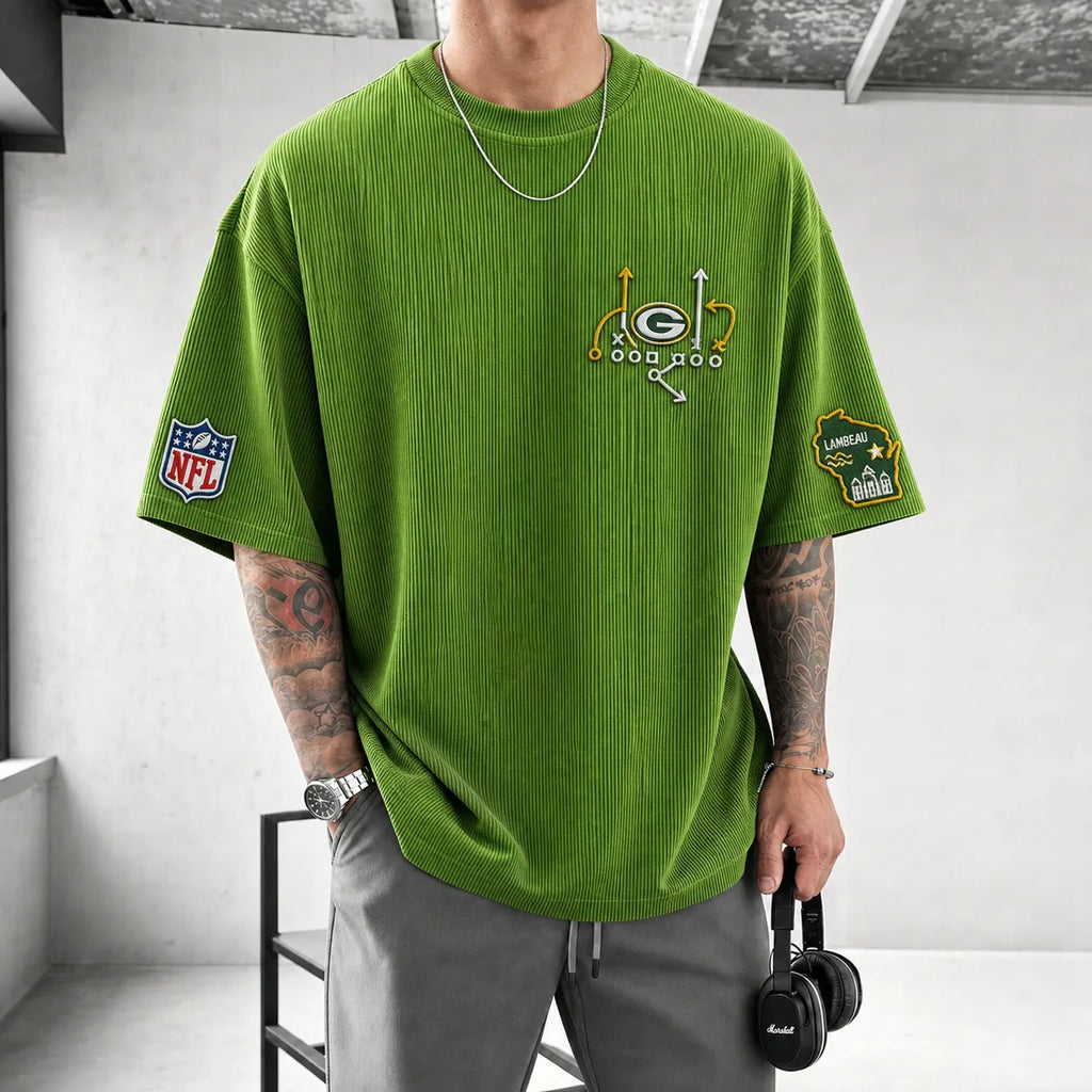 Unisex Loose-Fit Vertical-Stripe Short-Sleeve T-Shirt With Rugby Print