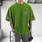 Unisex Loose-Fit Vertical-Stripe Short-Sleeve T-Shirt With Rugby Print