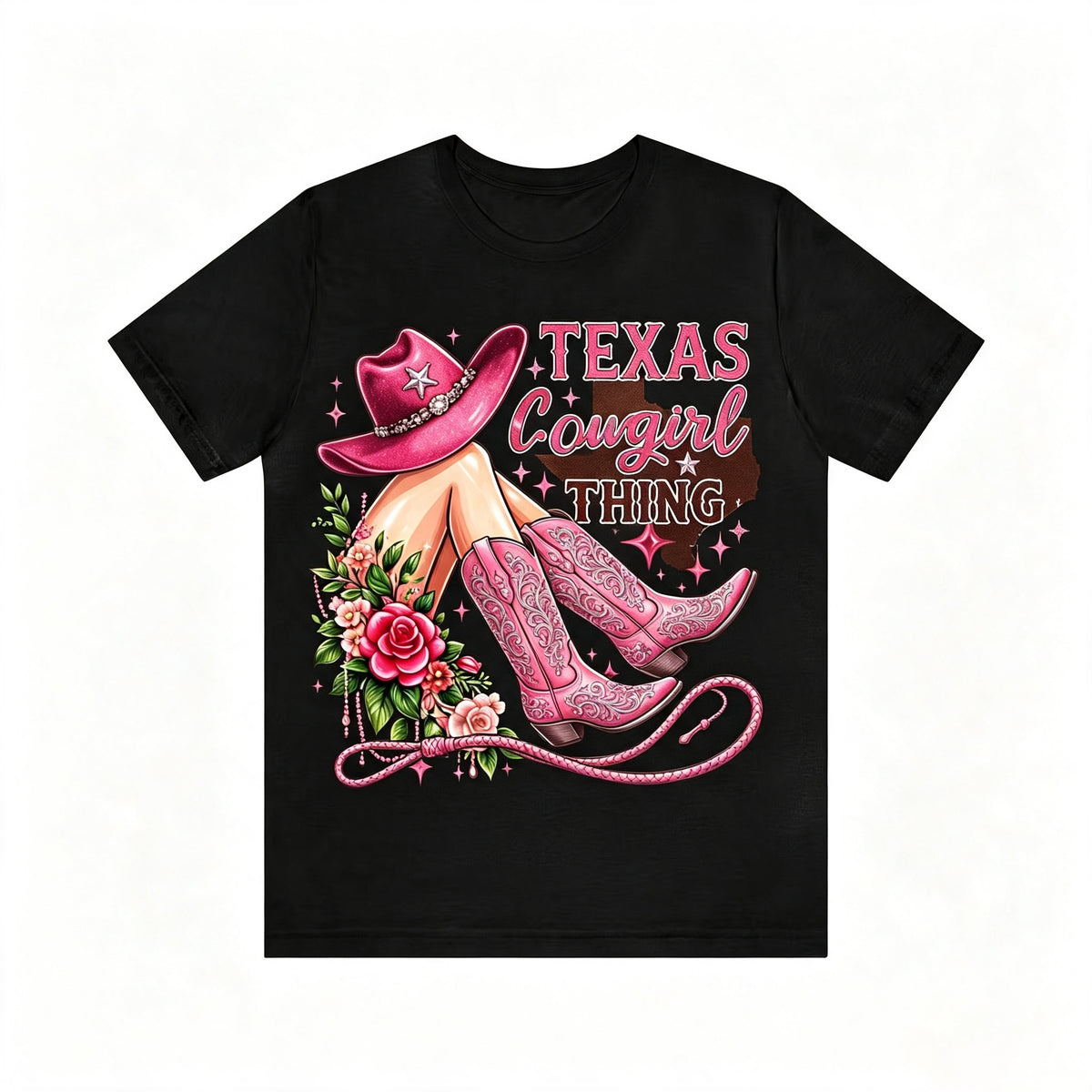 Retro Texas Western Cowgirl Hat Boots Floral Print Tee