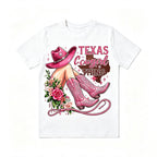 Retro Texas Western Cowgirl Hat Boots Floral Print Tee