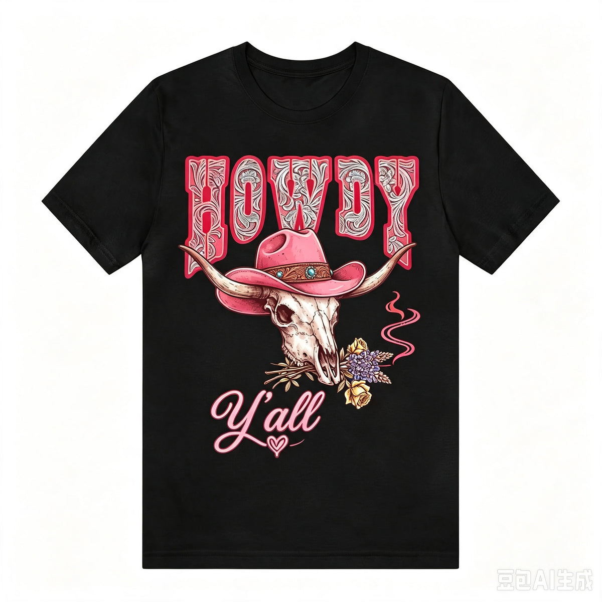 Howdy Y'all Western Bull Skull Cowboy Hat Graphic T‑Shirt
