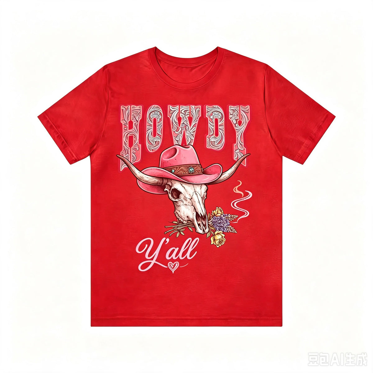 Howdy Y'all Western Bull Skull Cowboy Hat Graphic T‑Shirt
