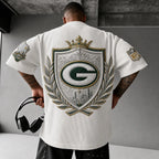 Unisex Loose-Fit Vertical-Stripe Short-Sleeve T-Shirt With Rugby Print
