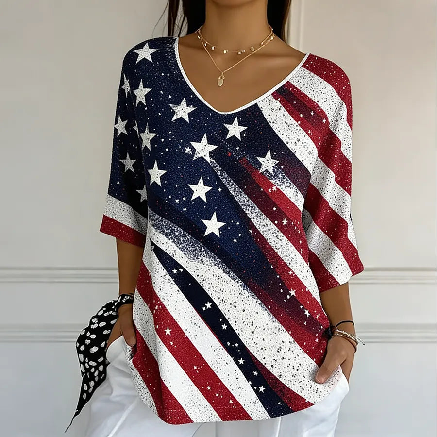 Ladies' Casual American Flag Print V-Neck Half Sleeved T-Shirt