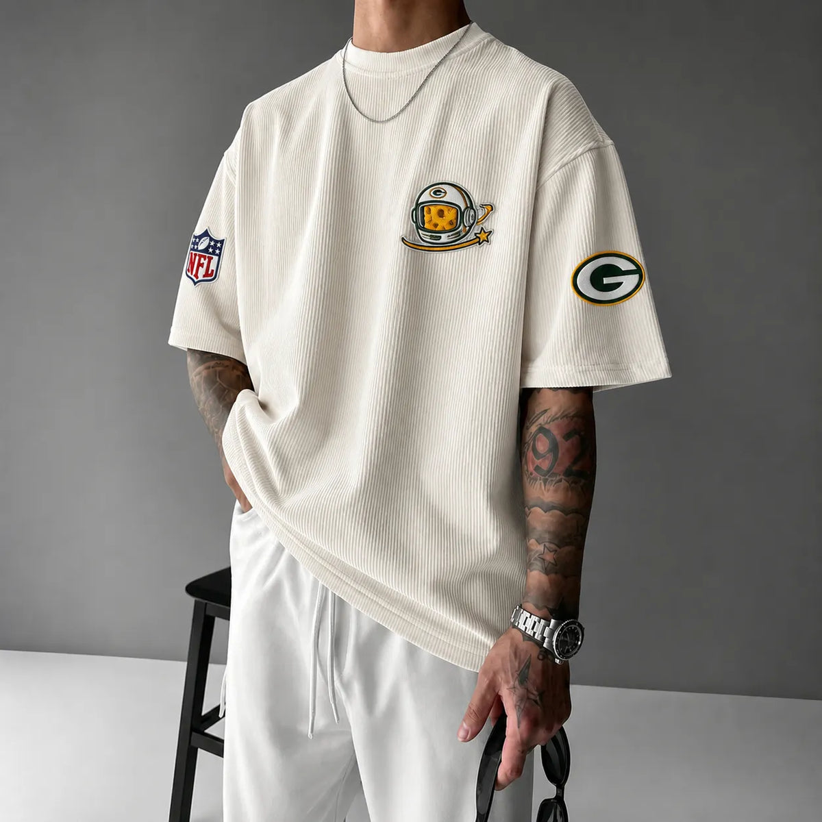 Unisex Loose-Fit Vertical-Stripe Short-Sleeve T-Shirt With Rugby Print