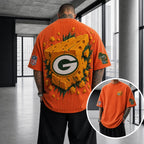 Unisex Loose-Fit Vertical-Stripe Short-Sleeve T-Shirt With Rugby Print