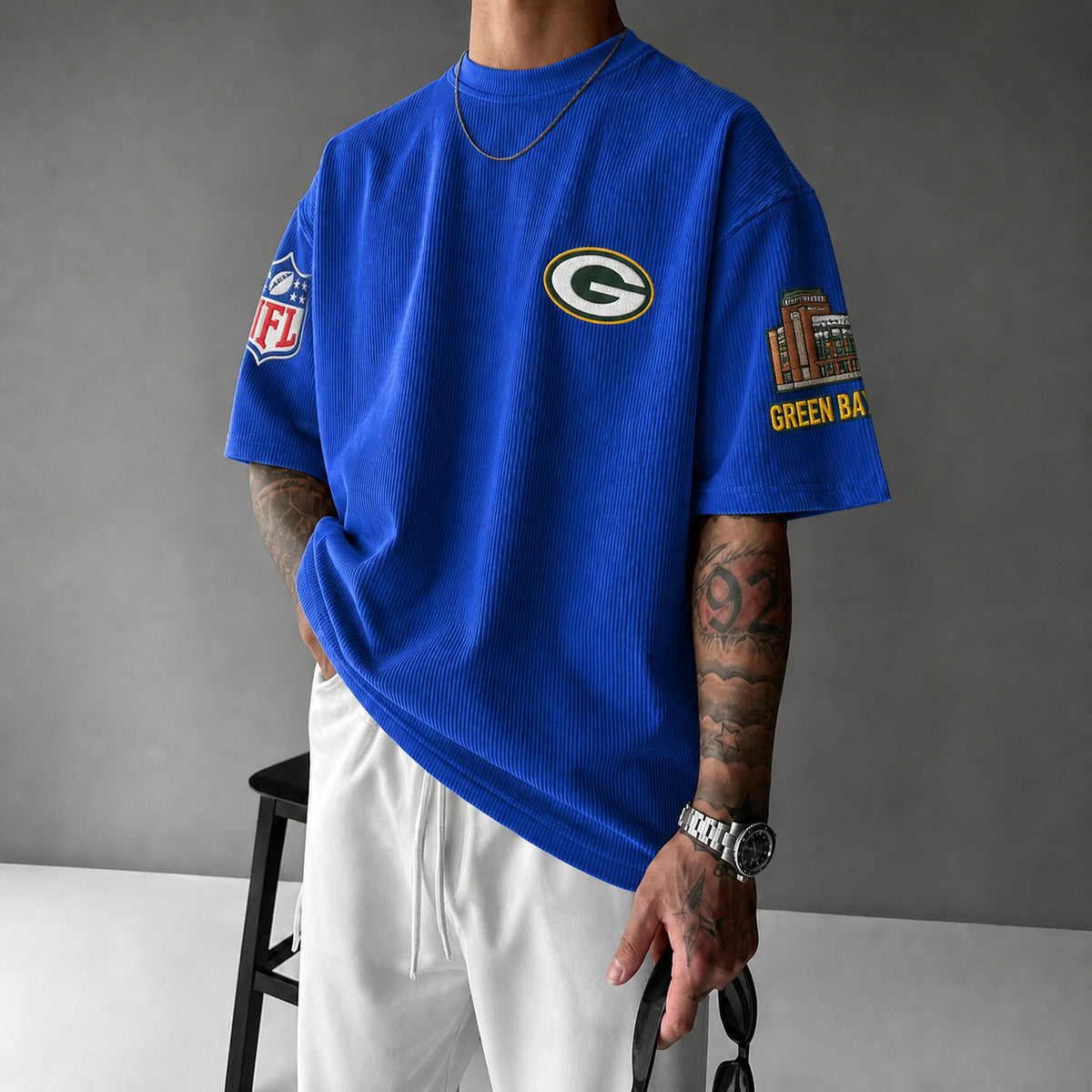 Unisex Loose-Fit Vertical-Stripe Short-Sleeve T-Shirt With Rugby Print