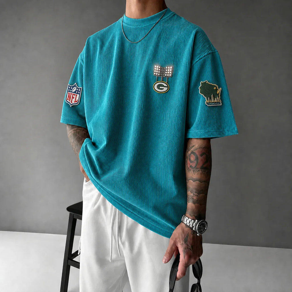 Unisex Loose-Fit Vertical-Stripe Short-Sleeve T-Shirt With Rugby Print