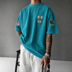 Unisex Loose-Fit Vertical-Stripe Short-Sleeve T-Shirt With Rugby Print