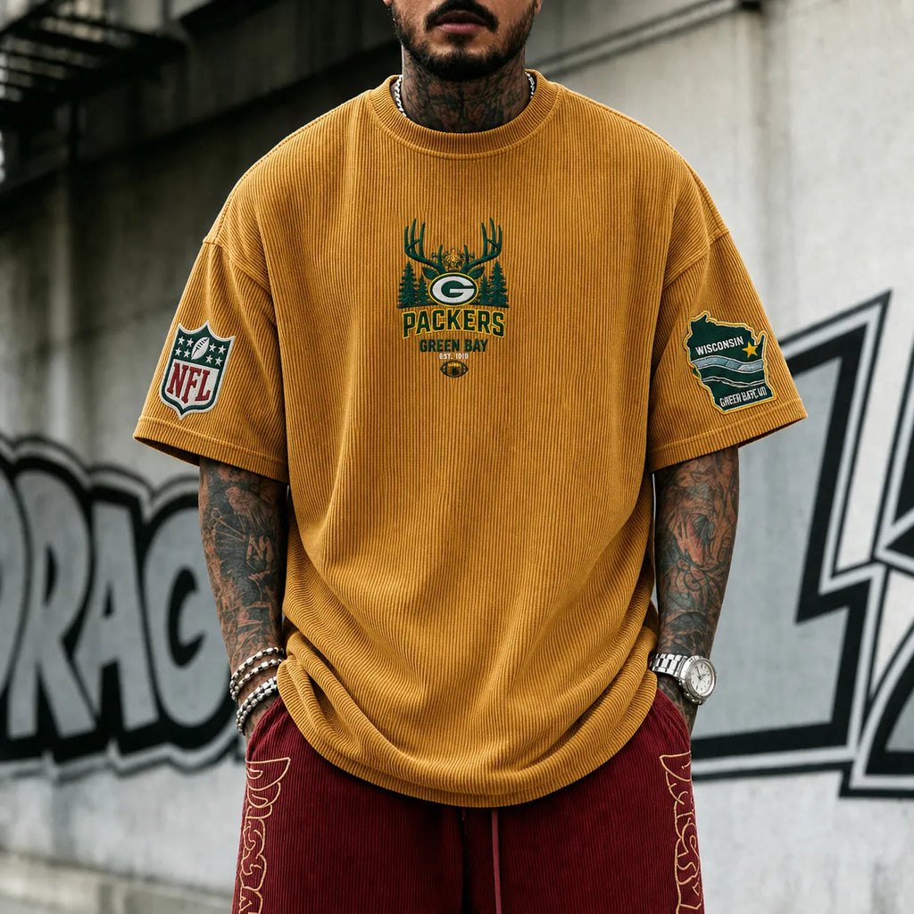 Unisex Loose-Fit Vertical-Stripe Short-Sleeve T-Shirt With Rugby Print