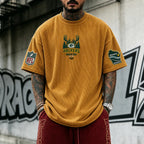 Unisex Loose-Fit Vertical-Stripe Short-Sleeve T-Shirt With Rugby Print