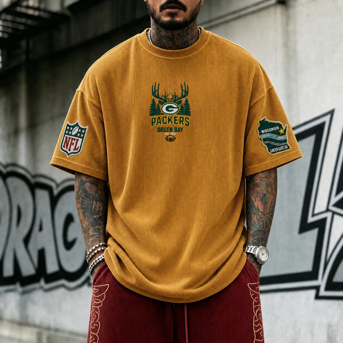 Unisex Loose-Fit Vertical-Stripe Short-Sleeve T-Shirt With Rugby Print