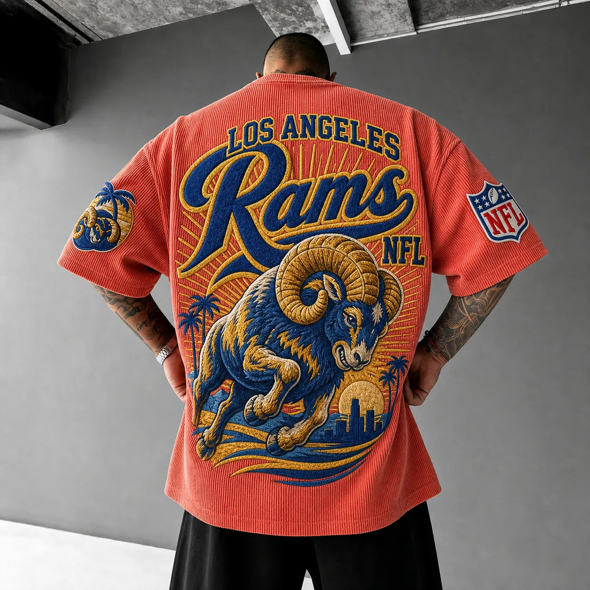 Unisex Loose-Fit Vertical-Stripe Short-Sleeve T-Shirt With Rugby Print