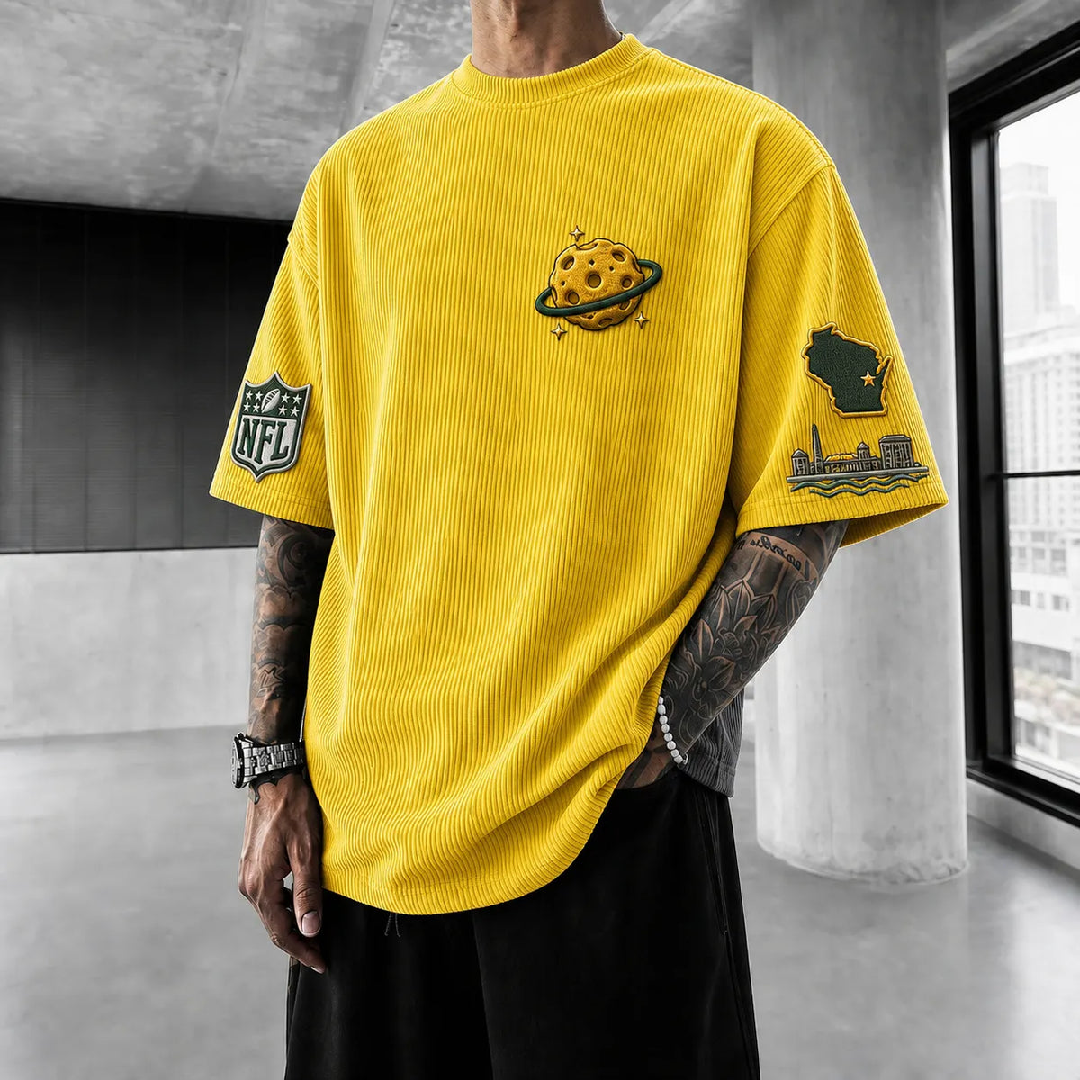 Unisex Loose-Fit Vertical-Stripe Short-Sleeve T-Shirt With Rugby Print