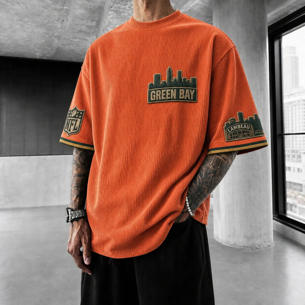 Unisex Loose-Fit Vertical-Stripe Short-Sleeve T-Shirt With Rugby Print