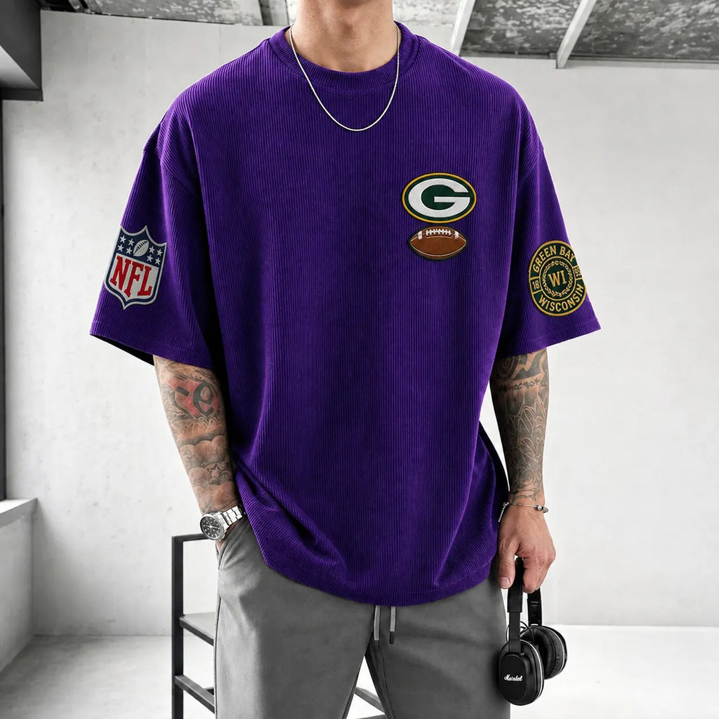 Unisex Loose-Fit Vertical-Stripe Short-Sleeve T-Shirt With Rugby Print