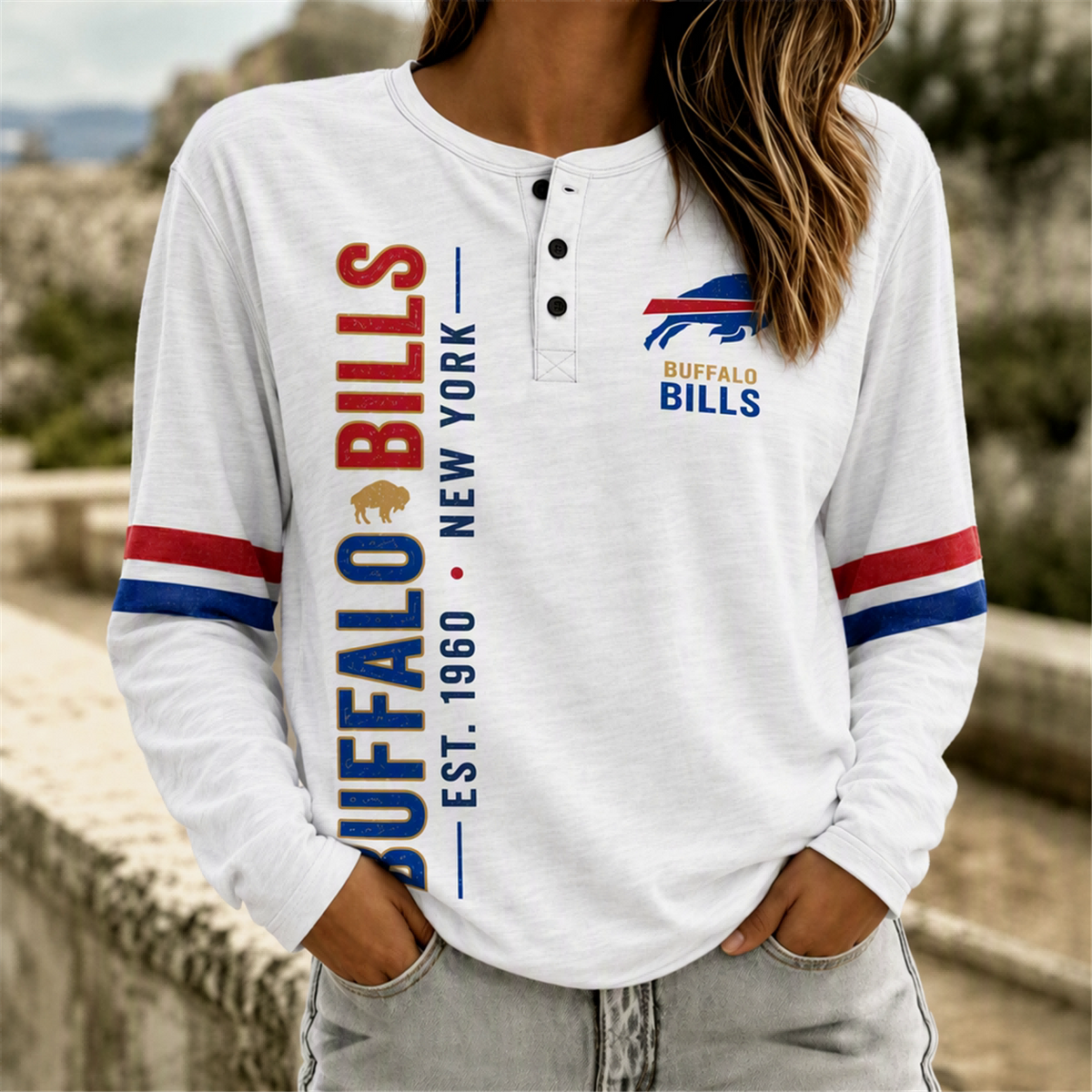 Buffalo Classic Henley Long Sleeve – Retro Varsity Print Since 1960