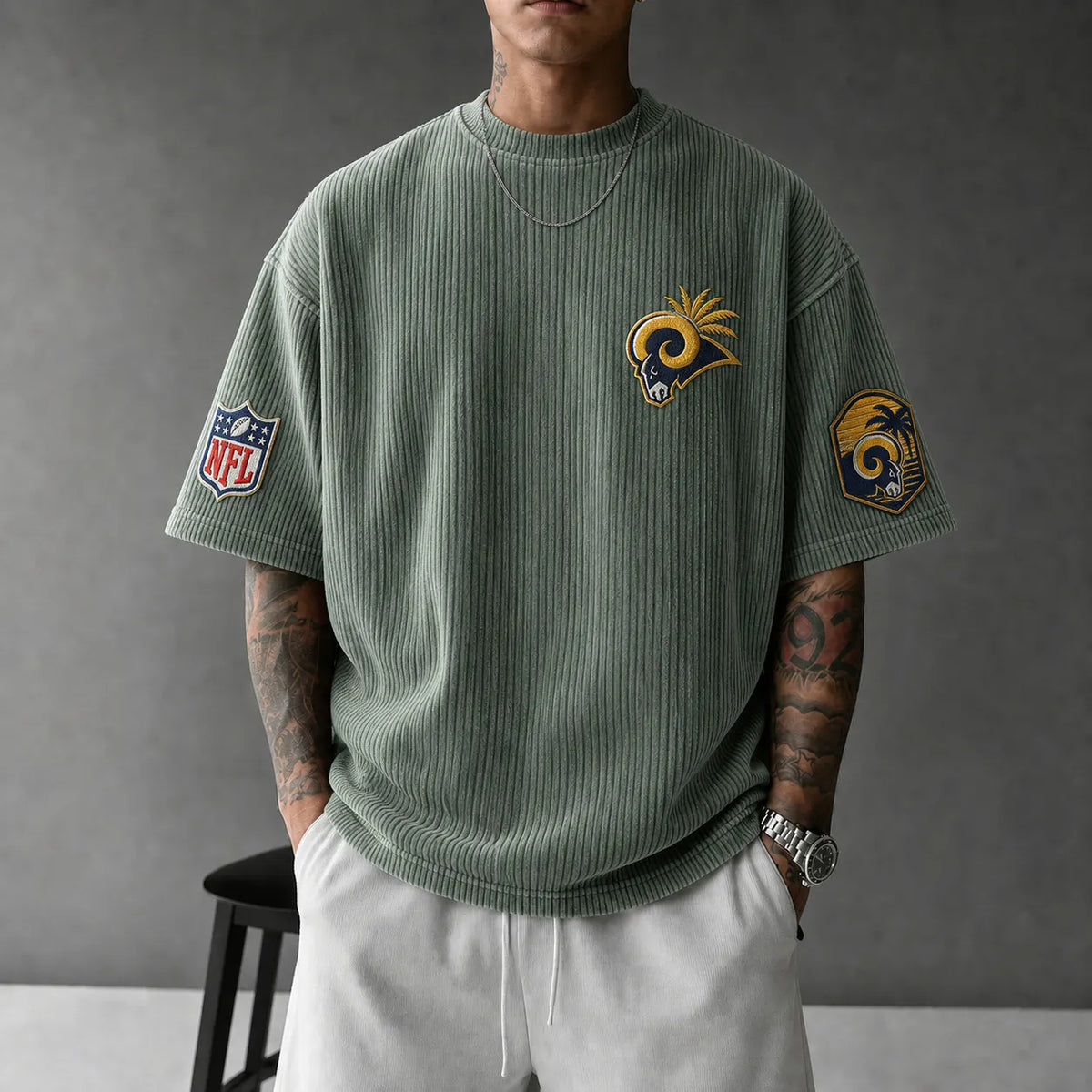Unisex Loose-Fit Vertical-Stripe Short-Sleeve T-Shirt With Rugby Print