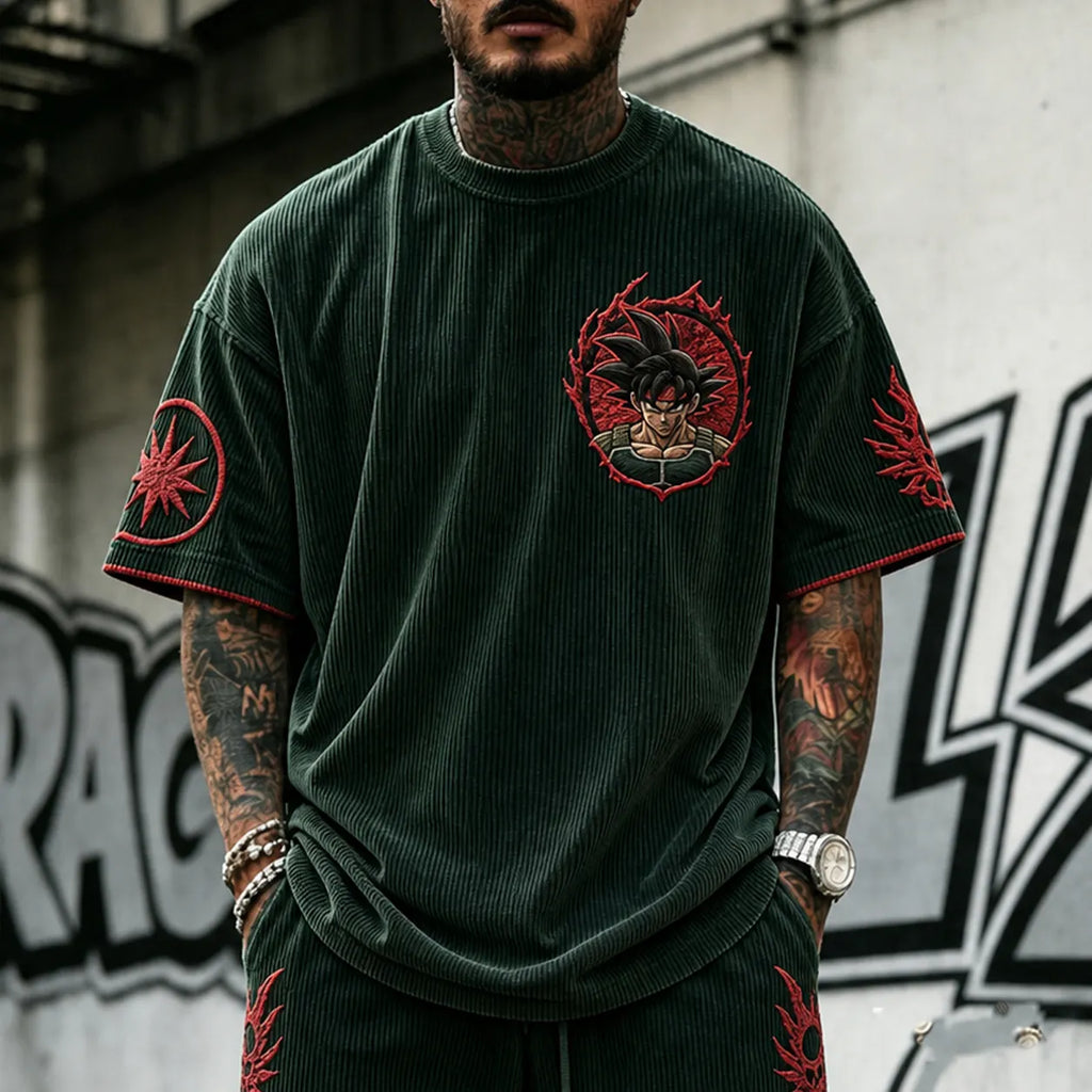 Unisex Anime-Style Retro Corduroy Oversized T-Shirt