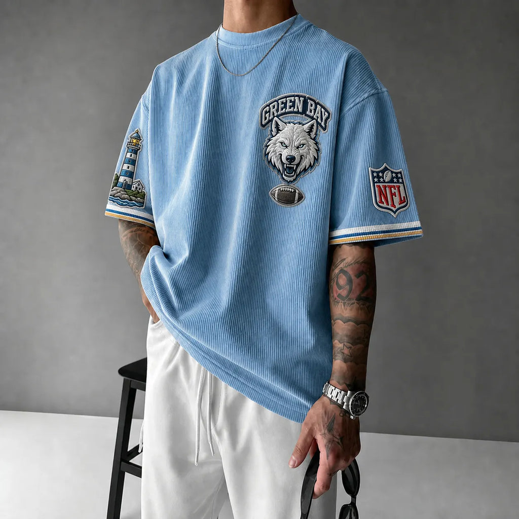 Unisex Loose-Fit Vertical-Stripe Short-Sleeve T-Shirt With Rugby Print