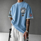 Unisex Loose-Fit Vertical-Stripe Short-Sleeve T-Shirt With Rugby Print