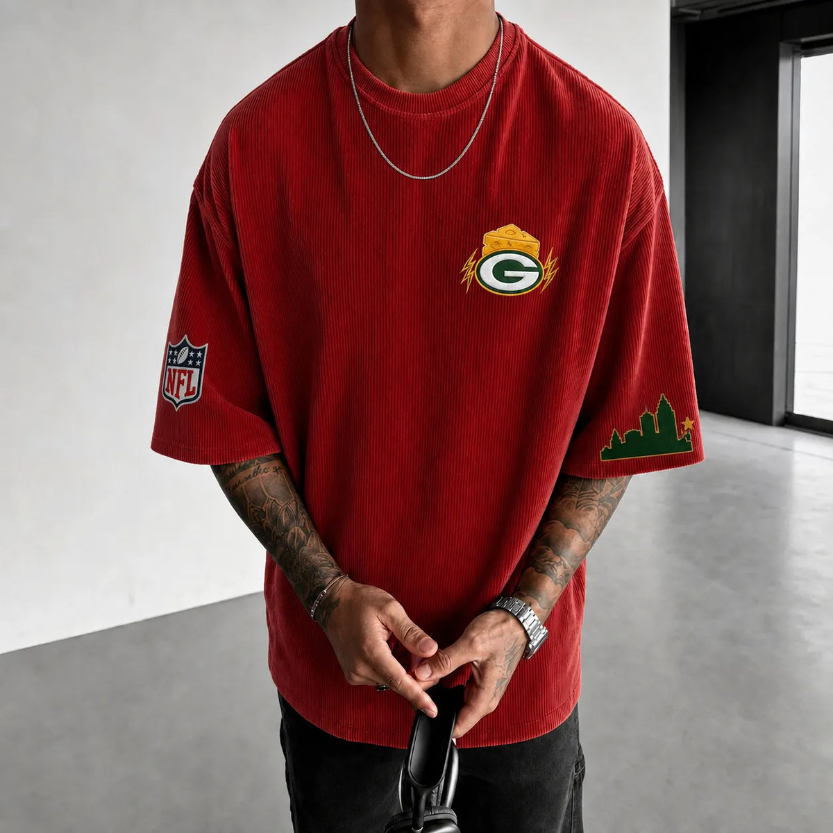 Unisex Loose-Fit Vertical-Stripe Short-Sleeve T-Shirt With Rugby Print