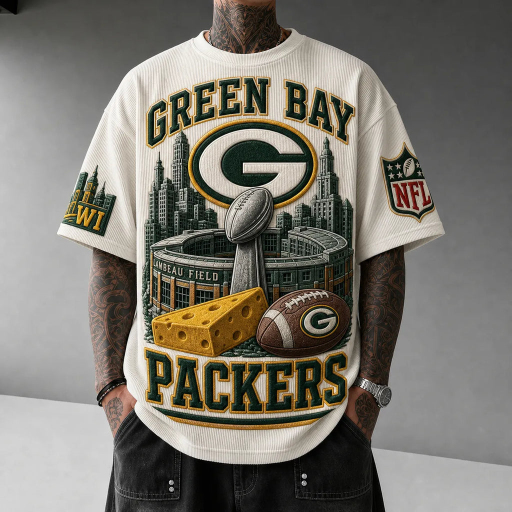 Unisex Loose-Fit Vertical-Stripe Short-Sleeve T-Shirt With Rugby Print