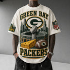 Unisex Loose-Fit Vertical-Stripe Short-Sleeve T-Shirt With Rugby Print