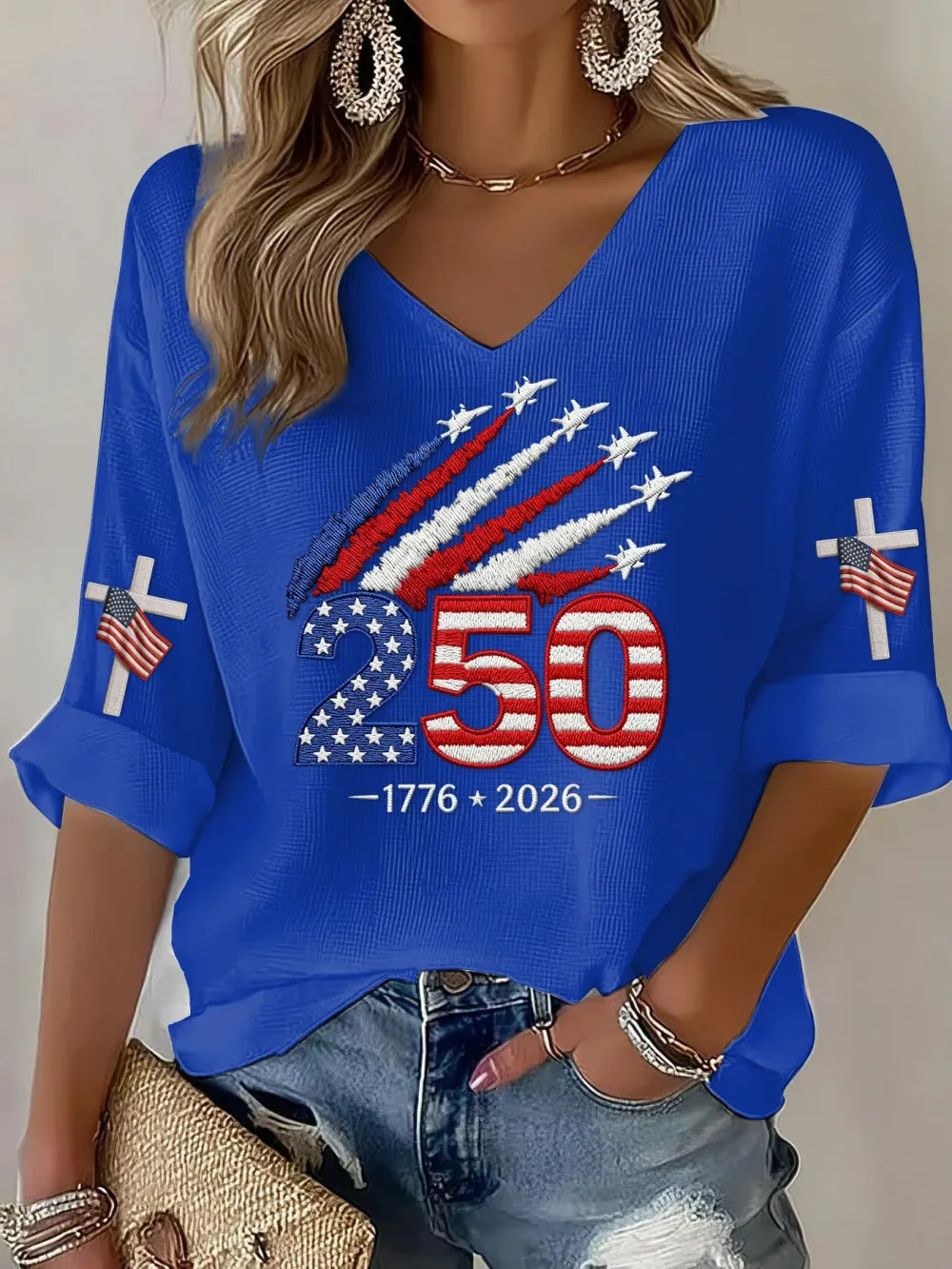 Women'S 250Th Anniversary Printed V-Neck Top For The Founding Of The United States