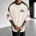 Unisex Loose-Fit Vertical-Stripe Short-Sleeve T-Shirt With Rugby Print