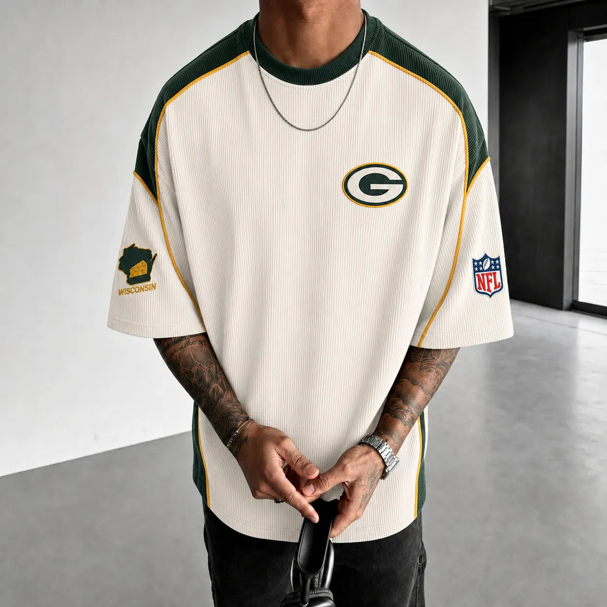 Unisex Loose-Fit Vertical-Stripe Short-Sleeve T-Shirt With Rugby Print